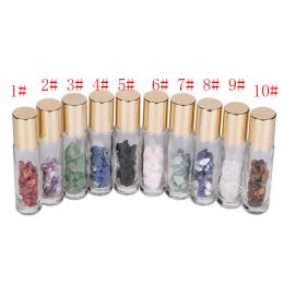 Simple 10ML Natural Stones ssential Oil Bottles Gemstone Roller Ball Bottles Clear Glass Healing Crystal Chips 10 Colours