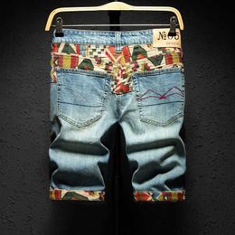 Men's Shorts Chinese Style Embroidery Denim Shorts Men Fashion Hole Ripped Slim Retro Blue Washed Short Jeans Male Street Knee-length Pants L230719