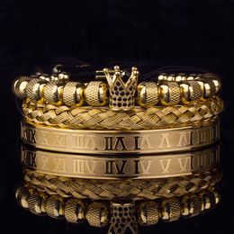 3pcs Luxury Roman Royal Crown Charm Bracelet Men Stainless Steel Geometry Pulseiras Men Open Adjustable Bracelets Couple Jewelry277a