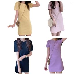 Casual Dresses Women Summer Short Sleeve Round Neck Slim Fitted Mini Dress Simple Solid Color Basic Layering Stretchy T-Shirt N7YF