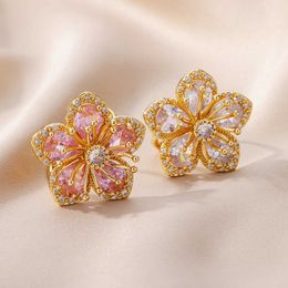 Band Rings Luxury Pink Colour Flower Zircon Rings For Women Open Stainless Steel Exquisite Jewellery Ring Party Wedding Engagement Gift R230822