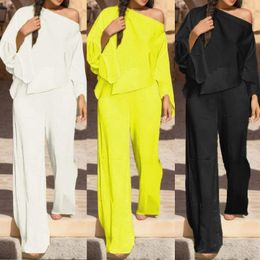 Women's Two Piece Pants Chic Solid Flare Sleeve Tops Wide Leg Pant Suit Women Sexy Off Shoulder Long 2 Set Casual Office Lady Outfit