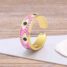 Band Rings Trendy Handmade Enamel Multi-Colors Stkable Band Ring Women Gold Plated Dripping Oil 9 Colors Evil Eye Rainbow Ring Adjustable J230719