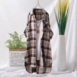 Women's Blouses Women Plaid Shirt Coat Print Cardigan Stylish Lapel Single-breasted With Irregular Hem