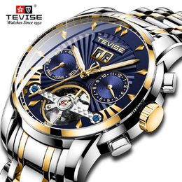 Top Luxury Brand TEVISE Automatic Men Watch Stainless steel Tourbillon Calendar Mechanical Wristwatch Men Business Clock219e