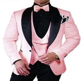 Classic Style One Button Pink Paisley Groom Tuxedos Shawl Lapel Wedding Prom Dinner Groomsmen Men Suits Blazer Jacket Pants Vest 268R