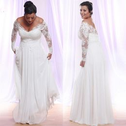 Long Sleeves Plus Size Wedding Dresses With Deep V-neck Applique Beach country Wedding Gowns Off The Shoulder Bridal Gowns Vestido237W