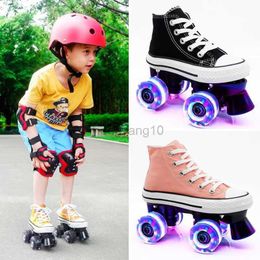 Inline Roller Skates Boys Girls Children Quad Skating Double Row Roller Skates Unisex Canvas Shoes Patines For Kids Beginners Two Line 4 Flash Wheels HKD230720