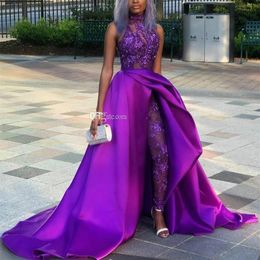 Newest Purple Overskirt Jumpsuit Prom Dresses High Neck Appliqued Side Split Evening Dress Beaded Sequined Plus Size Sweep Train P252g