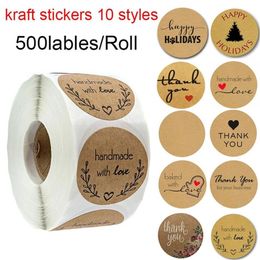 1 Inch Round Brown Kraft Stickers 500 labels per roll Handmade WITH LOVE THANK YOU289b