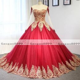 2019 red Ball Gown Mexico Quinceanera Dresses gold lace appliques Sweet 16 Dresses Prom Dresses plus size Lace Up vestidos de quin275W