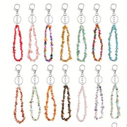 Key Rings Irregar Natural Stone Chip Beads Nets Fluorite Amethyst Rose Crystal Quartz Keychain Bag Car Hanging Charms Drop De Dhgarden Dh8R4