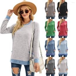 Women's T Shirts Round Neck Color Blocking Pocket Long Sleeve Pullover Top Loose Casual T-shirt Harajuku Vintage Aesthetic Clothes Y2k