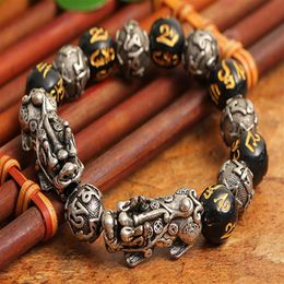 Silver Plated Wealth 3D Double Pixiu Charm Natural Stone Buddha Beads Bracelet Feng Shui Men's Jewelry278r