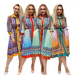 Ethnic Clothing 2023 Shirt Dress Spring Autumn African Women Three Quarter Sleeve Printing Polyester Knee-length Dresses For