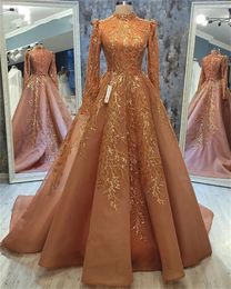 Full Long Sleeve Muslim Evening Dresses High Neck Lace Plus Size Formal Prom Party Gowns Robe De Soiree 0604