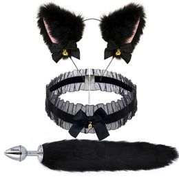 Anal Toys 3 Piece Cos Plush Animal Ears Tail Set Wolf Headband Accessories Cat Head Bell Collar Halloween Party 230719