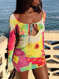 Casual Dresses Summer Tie Dye Hollow Out Women Mini Dress Sexy Printed Bandage Long Sleeve Backless 2023 Lady Holiday Beach