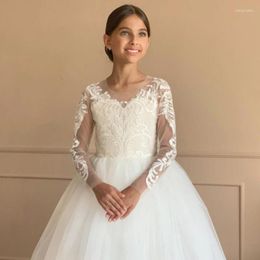 Girl Dresses Flower White Tulle Puffy Appliques With Tailing Long Sleeve For Wedding Birthday Evening Holy Communion Gowns