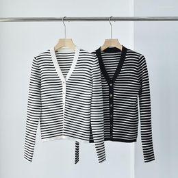 Women's Knits 2023 Summer Women Black And White Stripe Knitted V-neck Slim Fit Pit Striped Long Sleeve Air Conditioned Cardigan