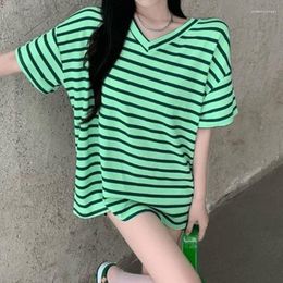 Women's T Shirts Clothing Casual Korean Loose Simplicity Striped V-neck Lacing Pullovers Hollow Out Summer Short Sleeve Thin T-Shirts