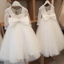 White Girls Bridesmaid Dress for Wedding Lace Elegant Teen Evening Prom Dresses Backless Big Bow Children Princess Party Gowns