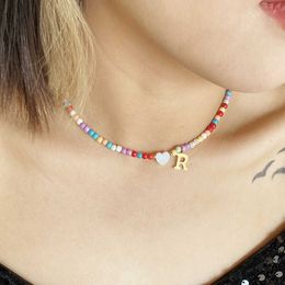 New Colorful Natural Stone Love Charm Gold Letter Beaded Necklace Boho Stainless Steel A-Z English Initial Letters Pendant Collar Neckchain Beadh Jewelry For Women