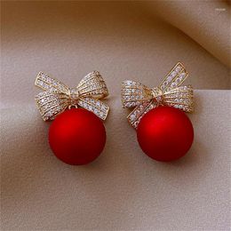Stud Earrings Exquisite Crystal Bowknot Earring For Women Sparkling Rhinestone Bow Red Pearl Fashion Jewellery Party Gifts Brincos