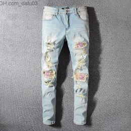 Men's Jeans 2023 Men's Jeans European Jeans Letter Star Men Embroidery Patchwork Ripped For Trend Brand Motorcycle Mens Pants Skinny Z230720