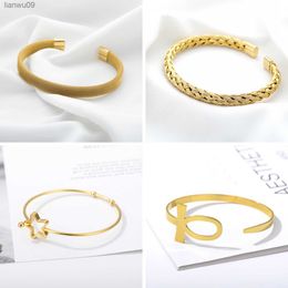 New Stainless Steel Real Gold Plated Plaid Texture Adjustable Snake Gold Bangle For Woman Cuff Bracelets For Women Dropshipping L230704