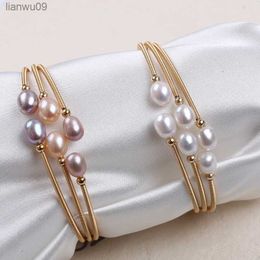 Hot sale freshwater rice pearl bead wire wrapped adjustable cuff opening bangle bracelet for women L230704