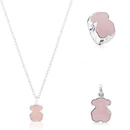 2019 100% 925 Sterling Silver Sweet Bear Ring Rose Quartz Clavicle Chain Bear Necklace Pendant339M