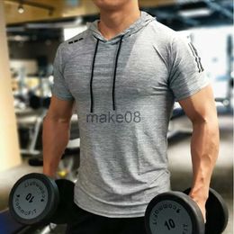 Men's Tracksuits Men Quick Dry Bodybuilding TShirt Running T Shirt Men Hoodie Short Sleeve Solid Hooded Tops Tees Shirts Male Sportswear Blouse J230720