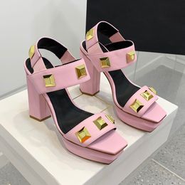 Button-Detail calfskin ankle strap platform sandal Fashion Metal square buttons 12cm Chunky high heeled sandals Summer luxury designers shoe leaky toe womens shoes