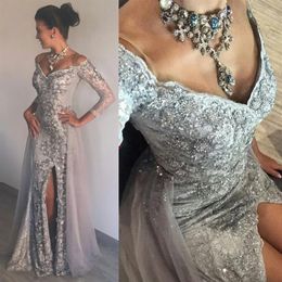 Stunning Luxurious Silver Evening Gowns Heavy Beading Sequins V-Neck 3 4 Sleeves Mermaid Prom Dresses Sexy Side Split Lace Evening254T
