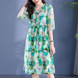 Casual Dresses 2023 Summer Women's Green Dress Real Silk Elegant Fashion For Women V-neck High Waist Woman Vintage Long