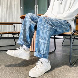 Men's Jeans 2023 Autumn Plaid Male Fashion Harajuku Casual Pants Men Streetwear Loose Oversize Korean Hip Hop Wide Leg Trousers