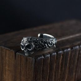 925 Sterling Silver Gothic Punk Skull Rings For Men And Women Jewelry Resizable Vintage Flower Engraved Skeleton Finger Band228l