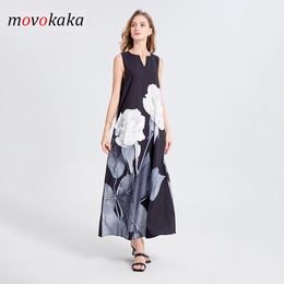 Basic Casual Dresses MOVOKAKA Ladies Spring Summer Black Long Dress Sleeveless V-neck Beach Dresses Elegant Party 3D Rose Print Vintage Women's Dress 230719