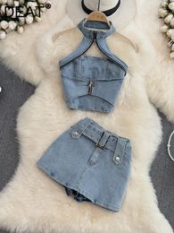 Women s Two Piece Pants DEAT Women Halter Backless Sexy Denim Top Hig Waist Shorts Set Temperament Fashion Spring Summer 2023 11D10231 230720