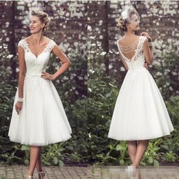 Elegant Tea-Length Wedding Dresses 2023 Vintage Retro V Neck Cap Sleeves Appliques Lace Tulle Ball Gown Short Wedding Dresses297b