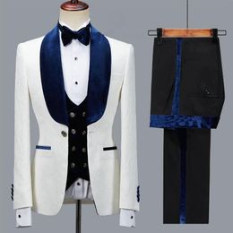 New Arrival Floral Men Suit Slim Fit Wedding Tuxedo Navy Blue Velvet Lapel Groom Party Suits Costume Homme Groomsman Blazer257E