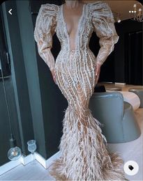 2023 Aso Ebi Champagne Mermaid Prom Dress Pearls Feather Evening Formal Party Second Reception Birthday Engagement Gowns Dresses Robe De Soiree ZJ743