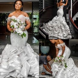 Luxury Ruffles Mermaid Wedding Dresses Bridal Gowns Off The Shoulder Beaded Lace Gorgeous Nigerian Arabic Marriage Robe De Mariee270D