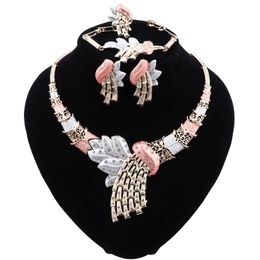 Dubai Jewellery Sets Gold Silver Wedding Necklace Earrings Bracelet Ring Set for Women Bridal Party Costume Accessories225F