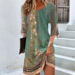 Casual Dresses Summer Dress Vintage Floral Print A-line Patchwork Feminine Three Quarter Sleeves Soft V Neck Above Knee Length For Any