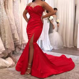 High Side Split Long Sweep Mermaid Evening Dresses with Applique Ruched One Shoulder Red Prom Vestidos259j