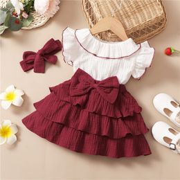 Summer Toddler Kid Girls Sweet Dress Clothes Contrast Color Ruffled Round Collar Flying Sleeve A-line Cake Dress + Headband
