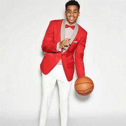 Red Men Tuxedos Groom Wedding Suits Man Blazers Shawl Lapel Costume Homme 2Piece Jacket White Pants Prom Party Slim Fit Terno Masc170f