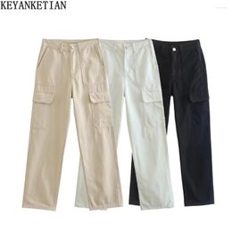 Women's Jeans KEYANKETIAN Spring Clothes High Street Style Zipper Waist Straight Leg Pocket Loose Cargo Pants